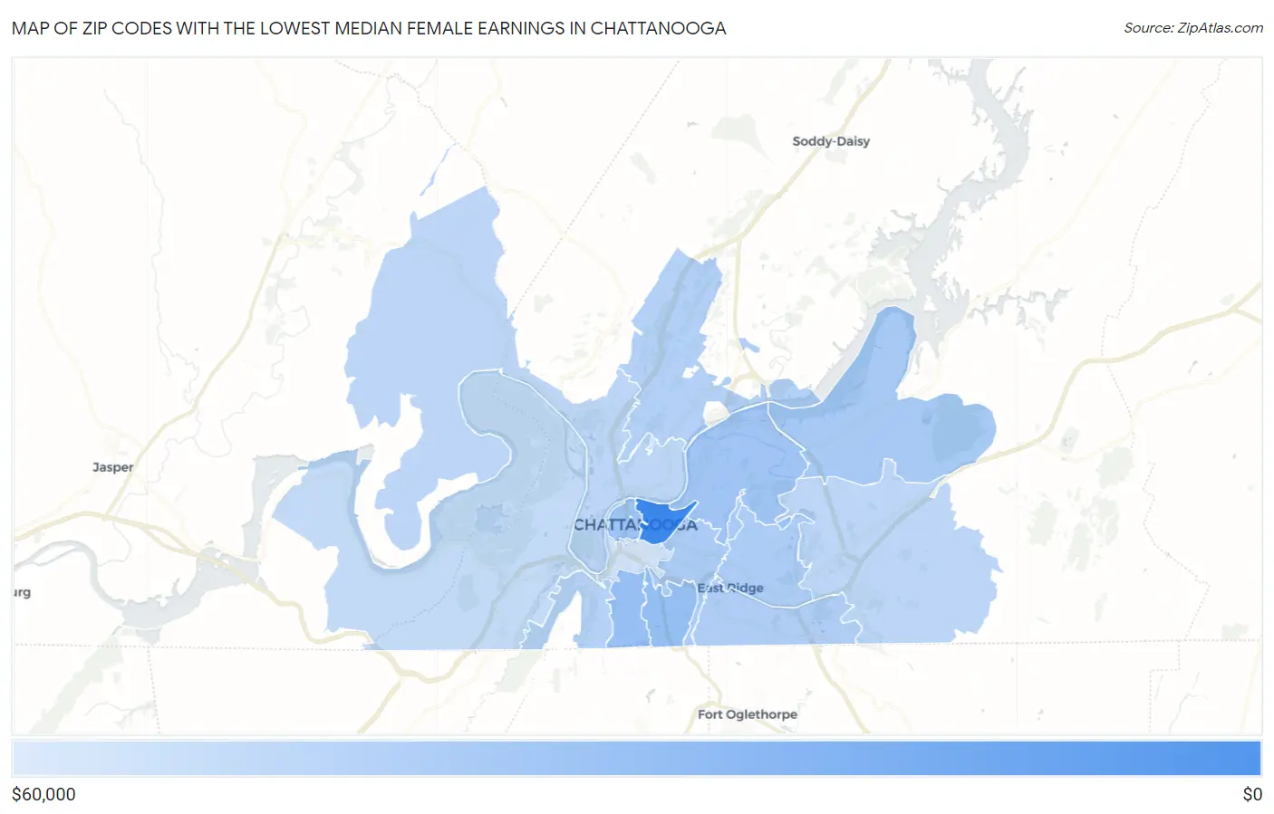 Zip Codes with the Lowest Median Female Earnings in Chattanooga Map