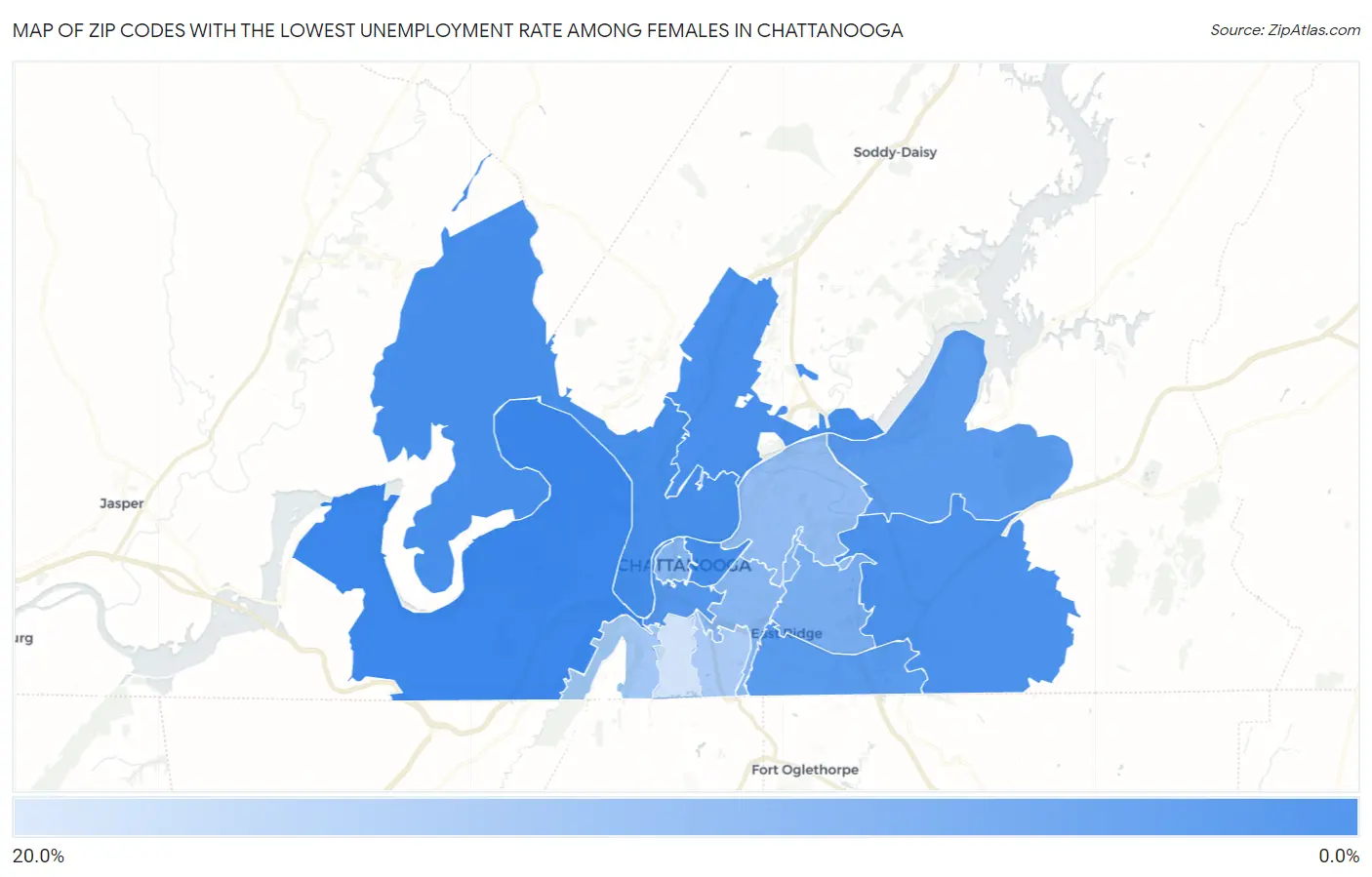 Zip Codes with the Lowest Unemployment Rate Among Females in Chattanooga Map