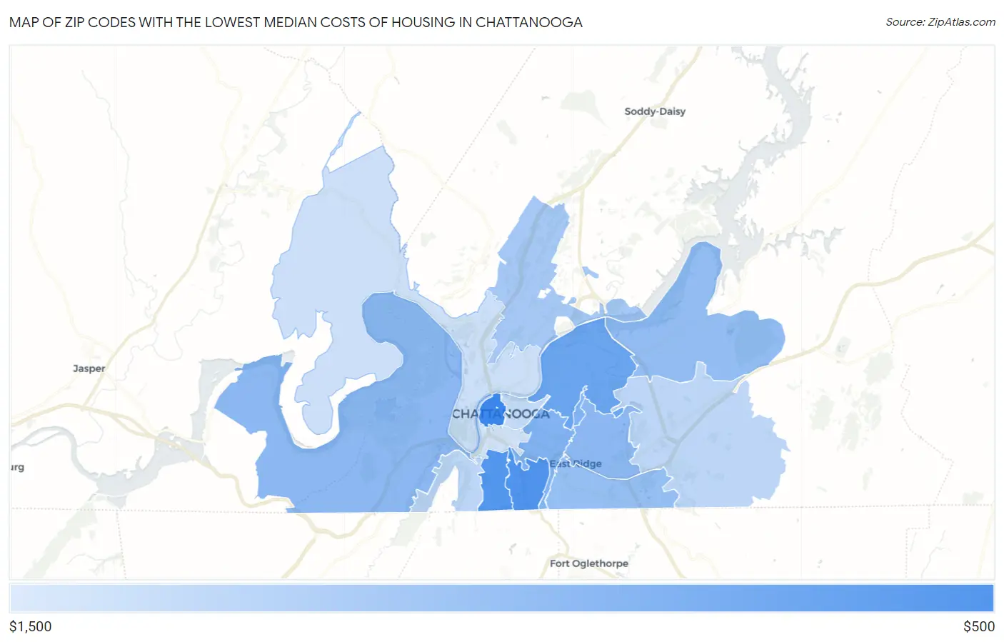 Zip Codes with the Lowest Median Costs of Housing in Chattanooga Map