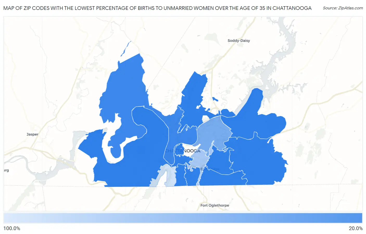 Zip Codes with the Lowest Percentage of Births to Unmarried Women over the Age of 35 in Chattanooga Map