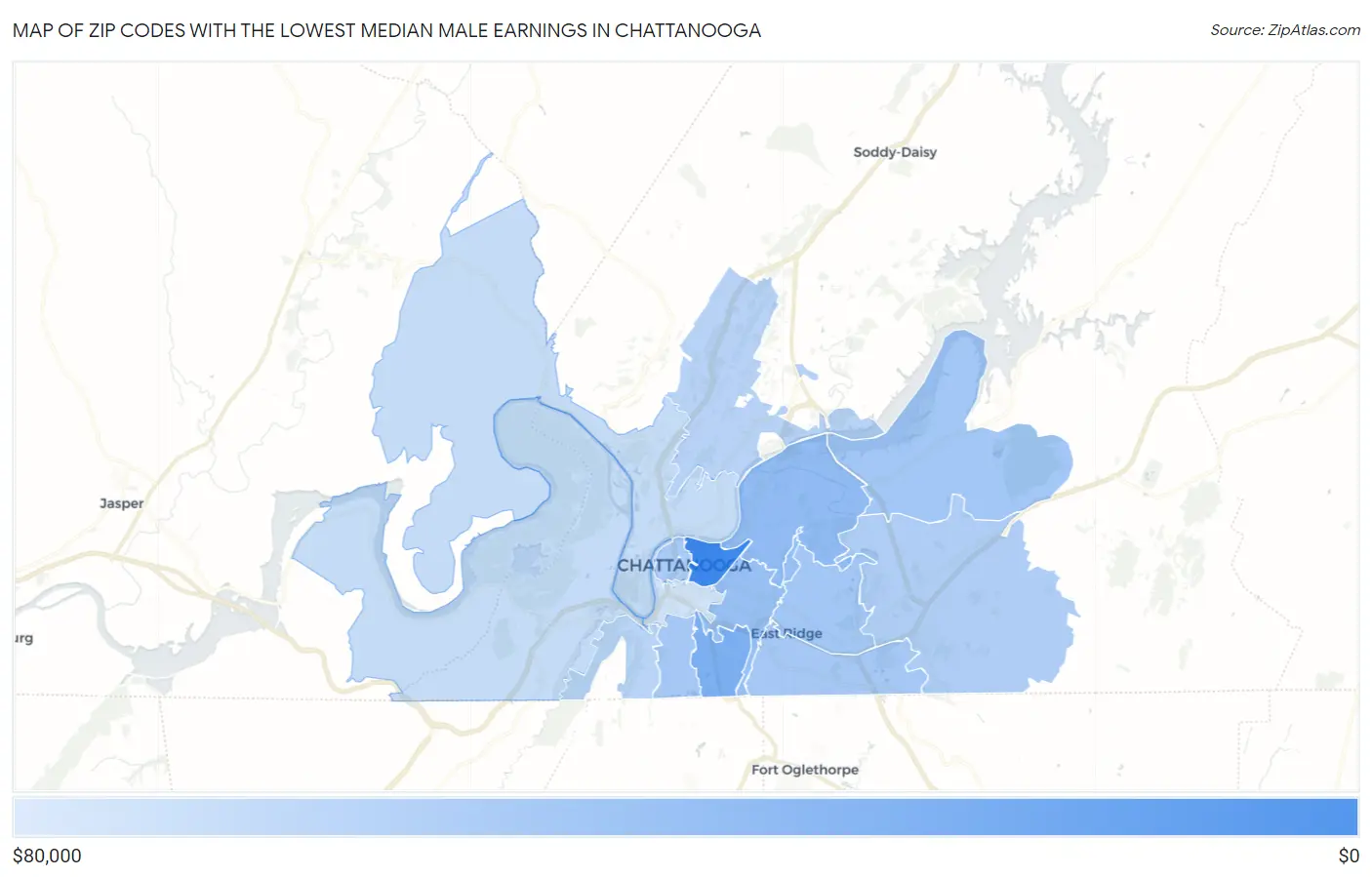 Zip Codes with the Lowest Median Male Earnings in Chattanooga Map