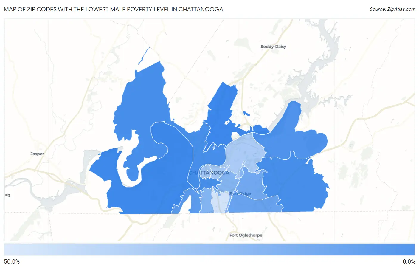 Zip Codes with the Lowest Male Poverty Level in Chattanooga Map