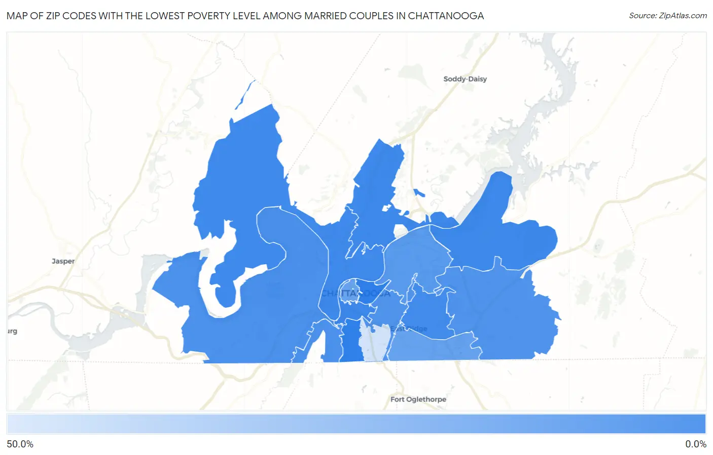 Zip Codes with the Lowest Poverty Level Among Married Couples in Chattanooga Map