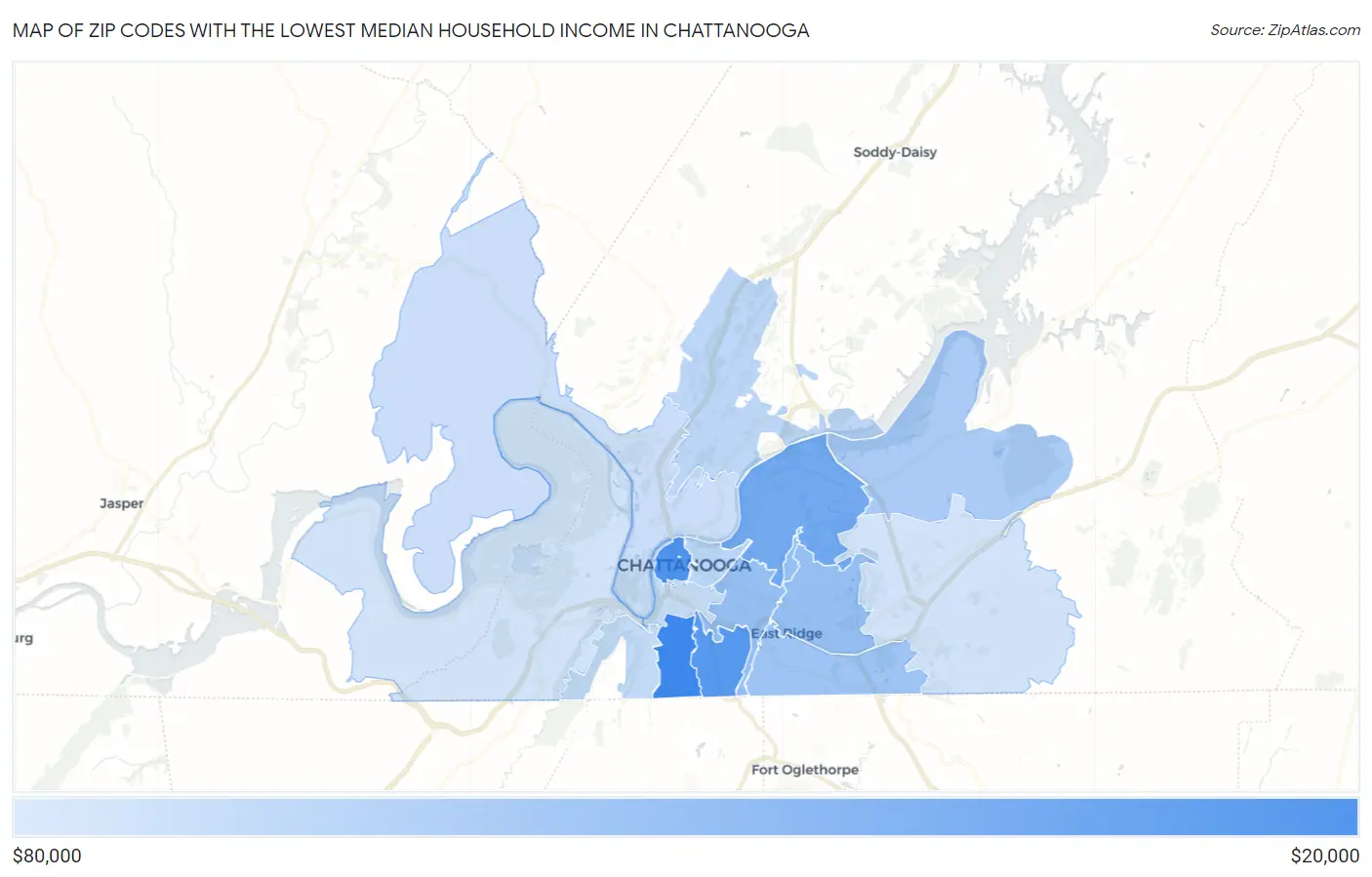 Zip Codes with the Lowest Median Household Income in Chattanooga Map