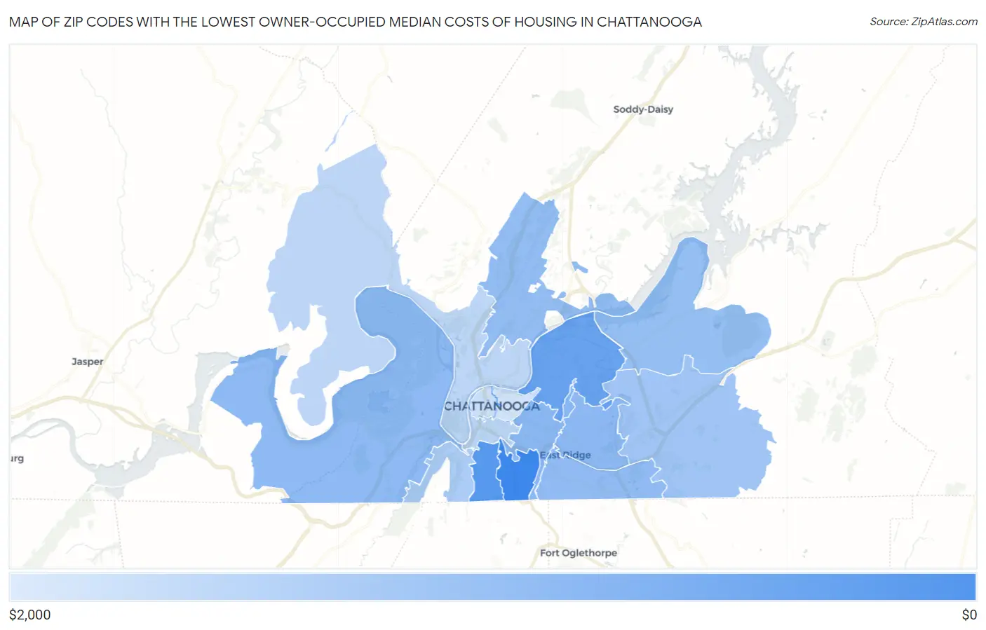 Zip Codes with the Lowest Owner-Occupied Median Costs of Housing in Chattanooga Map