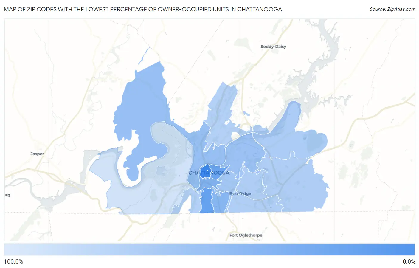 Zip Codes with the Lowest Percentage of Owner-Occupied Units in Chattanooga Map