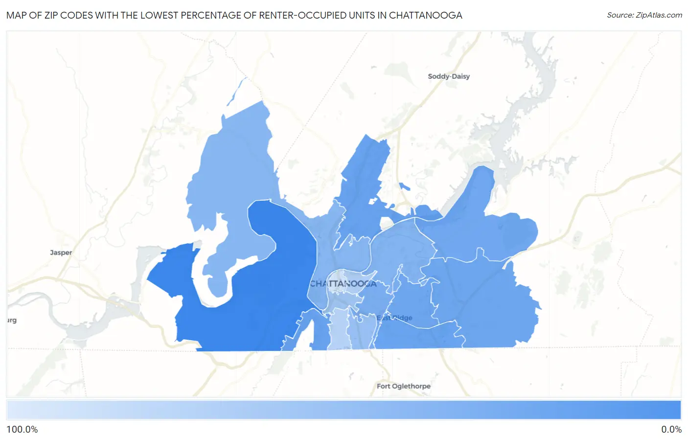 Zip Codes with the Lowest Percentage of Renter-Occupied Units in Chattanooga Map