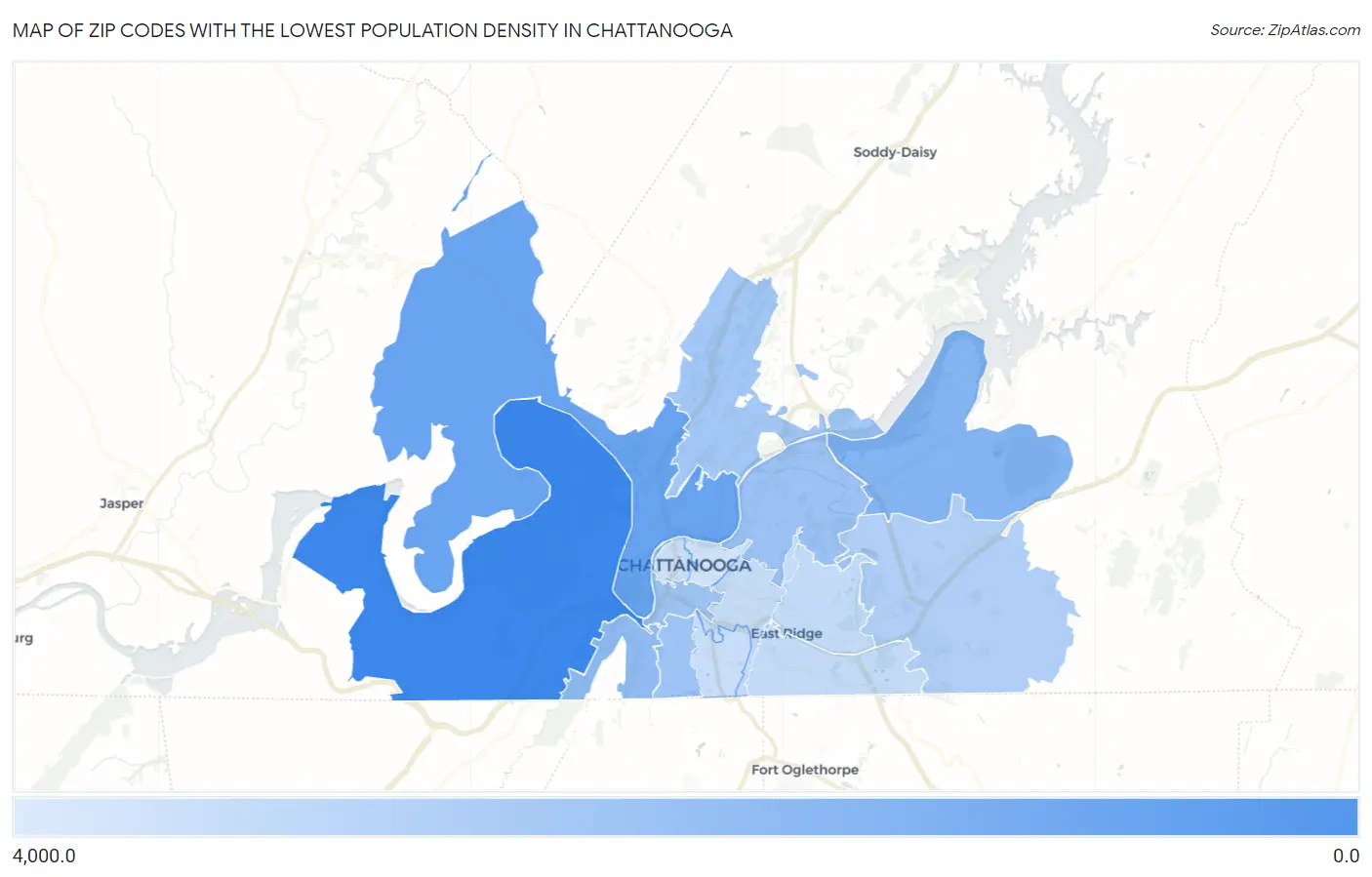 Zip Codes with the Lowest Population Density in Chattanooga Map