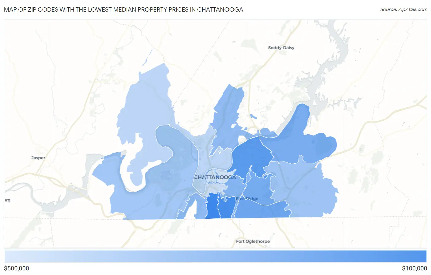 Zip Codes with the Lowest Median Property Prices in Chattanooga Map