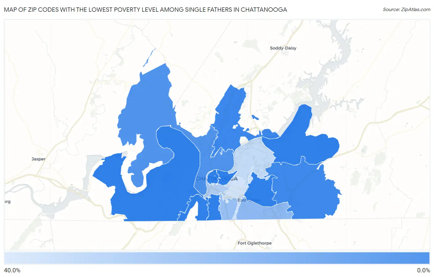 Zip Codes with the Lowest Poverty Level Among Single Fathers in Chattanooga Map