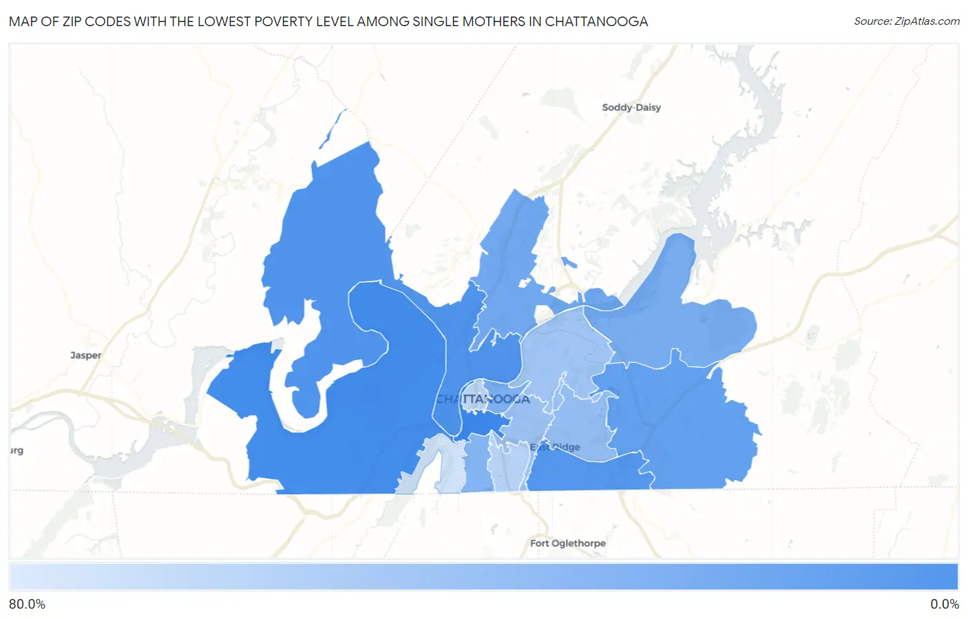 Zip Codes with the Lowest Poverty Level Among Single Mothers in Chattanooga Map