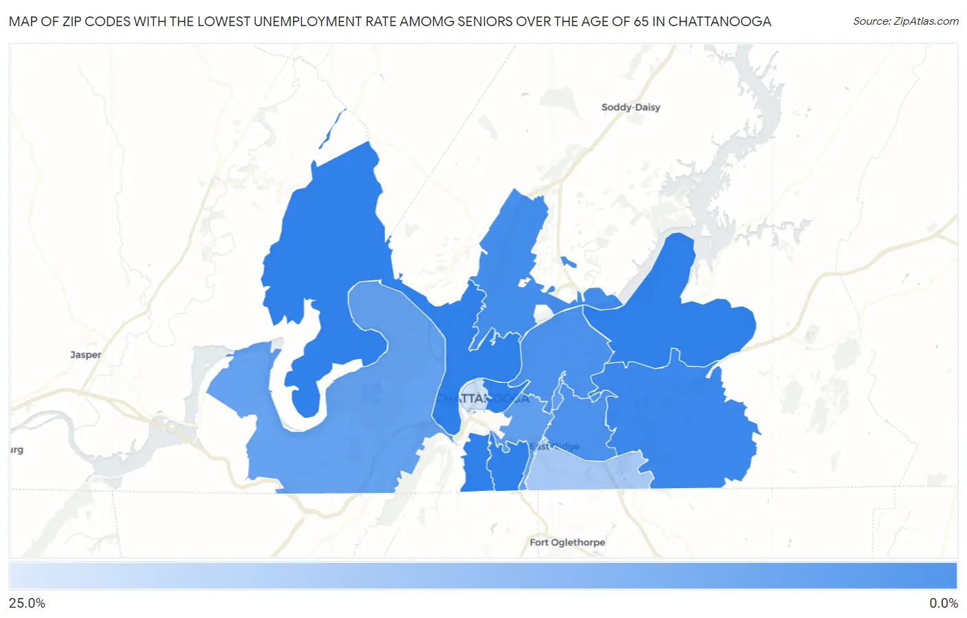 Zip Codes with the Lowest Unemployment Rate Amomg Seniors Over the Age of 65 in Chattanooga Map