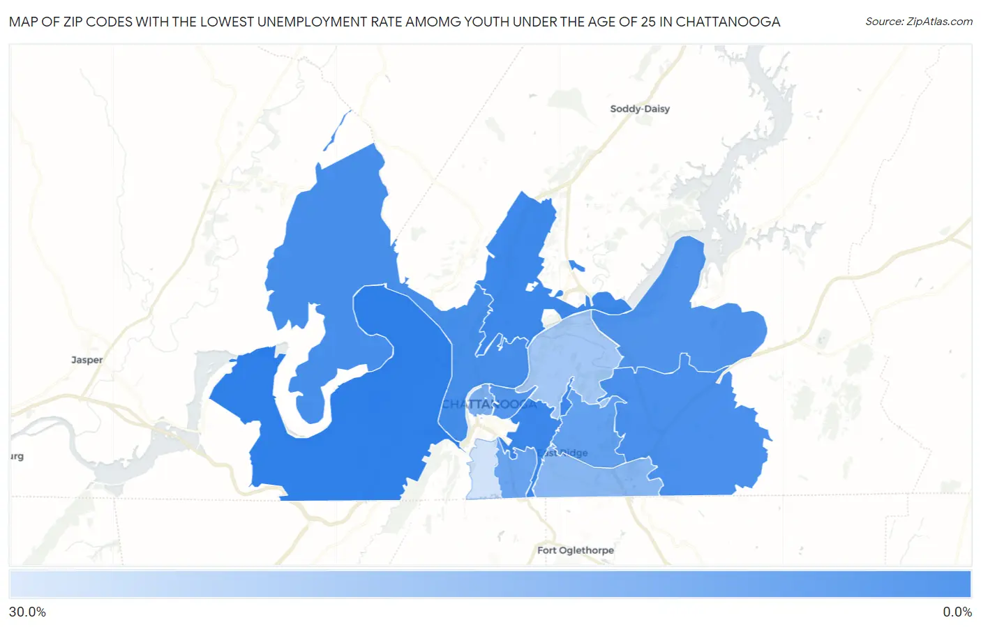 Zip Codes with the Lowest Unemployment Rate Amomg Youth Under the Age of 25 in Chattanooga Map