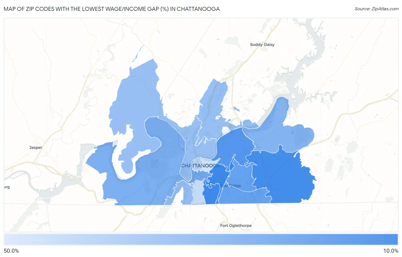 Zip Codes with the Lowest Wage/Income Gap (%) in Chattanooga Map