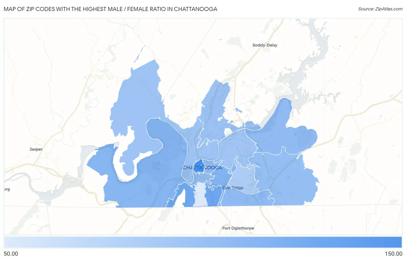 Zip Codes with the Highest Male / Female Ratio in Chattanooga Map