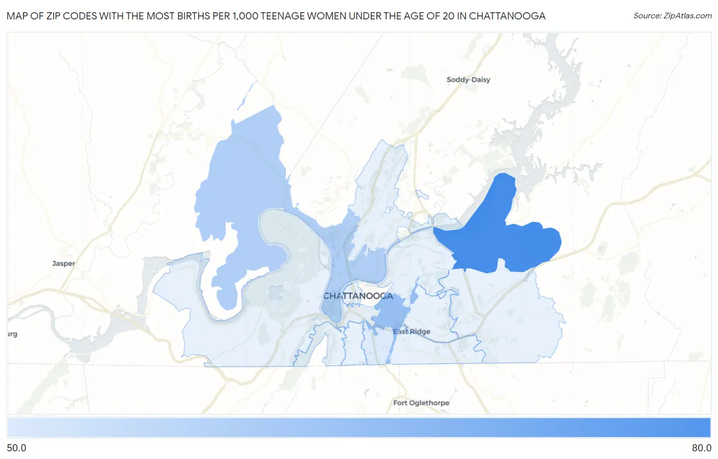 Zip Codes with the Most Births per 1,000 Teenage Women Under the Age of 20 in Chattanooga Map