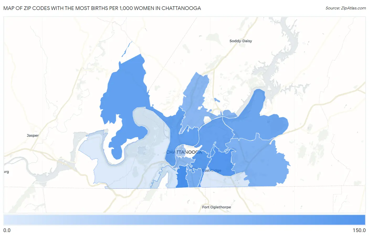Zip Codes with the Most Births per 1,000 Women in Chattanooga Map