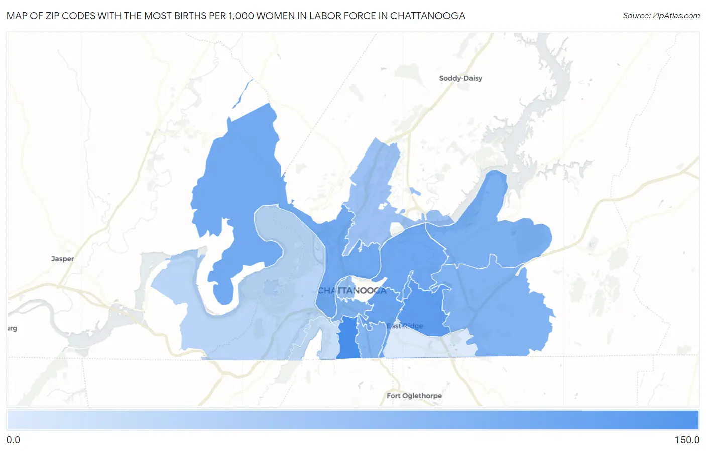 Zip Codes with the Most Births per 1,000 Women in Labor Force in Chattanooga Map