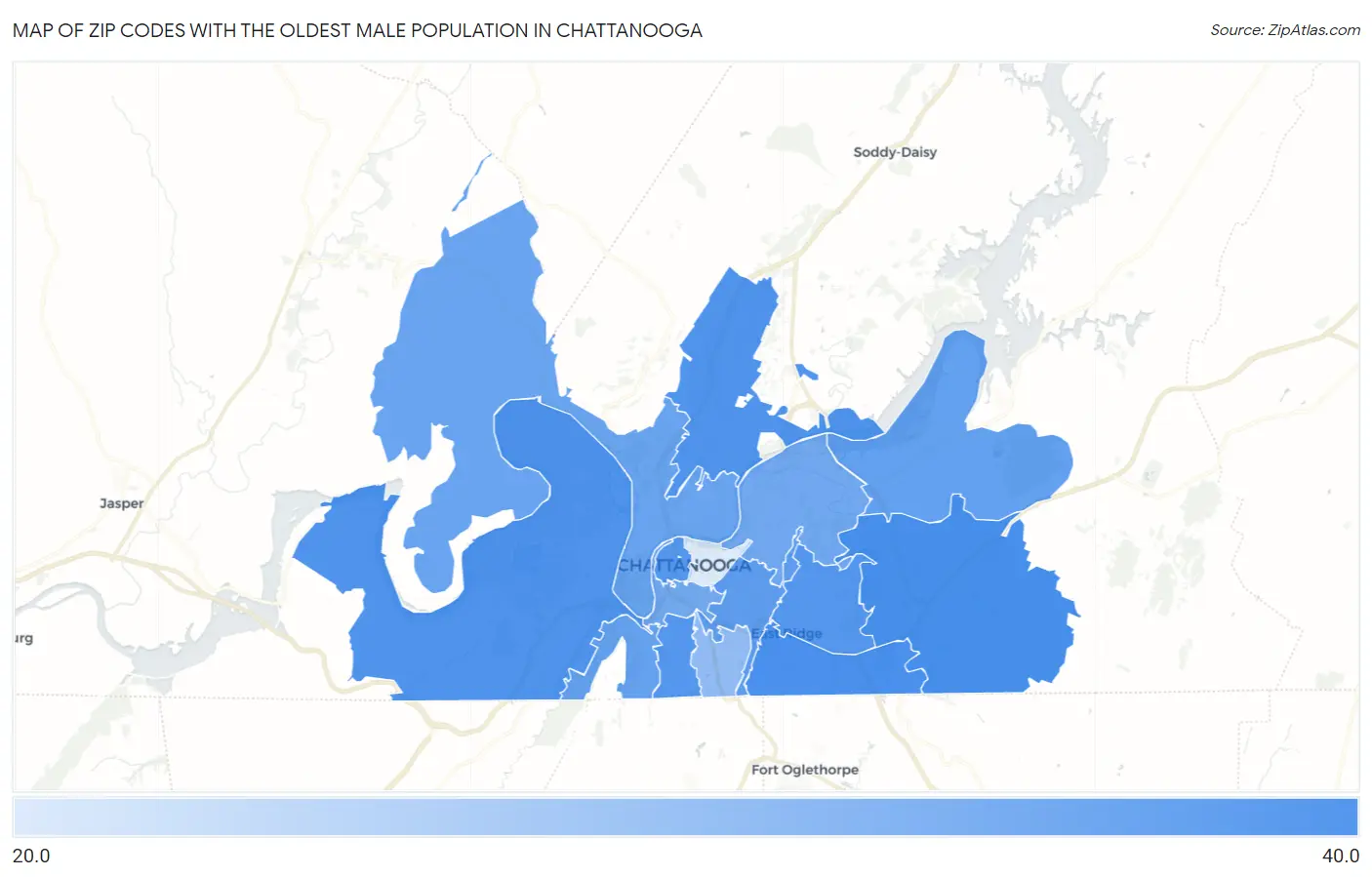 Zip Codes with the Oldest Male Population in Chattanooga Map