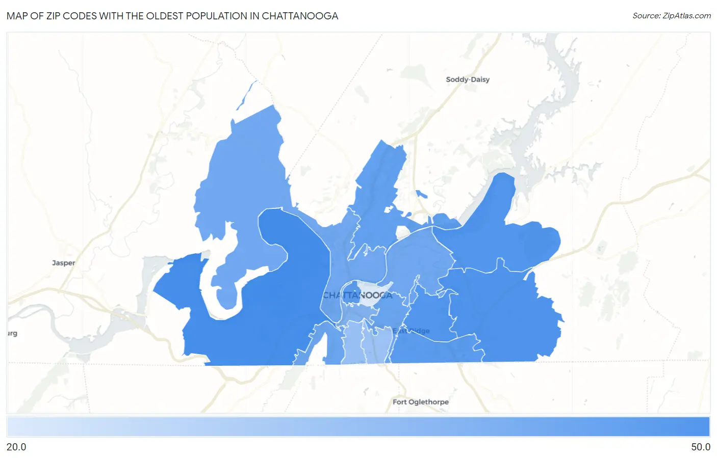 Zip Codes with the Oldest Population in Chattanooga Map