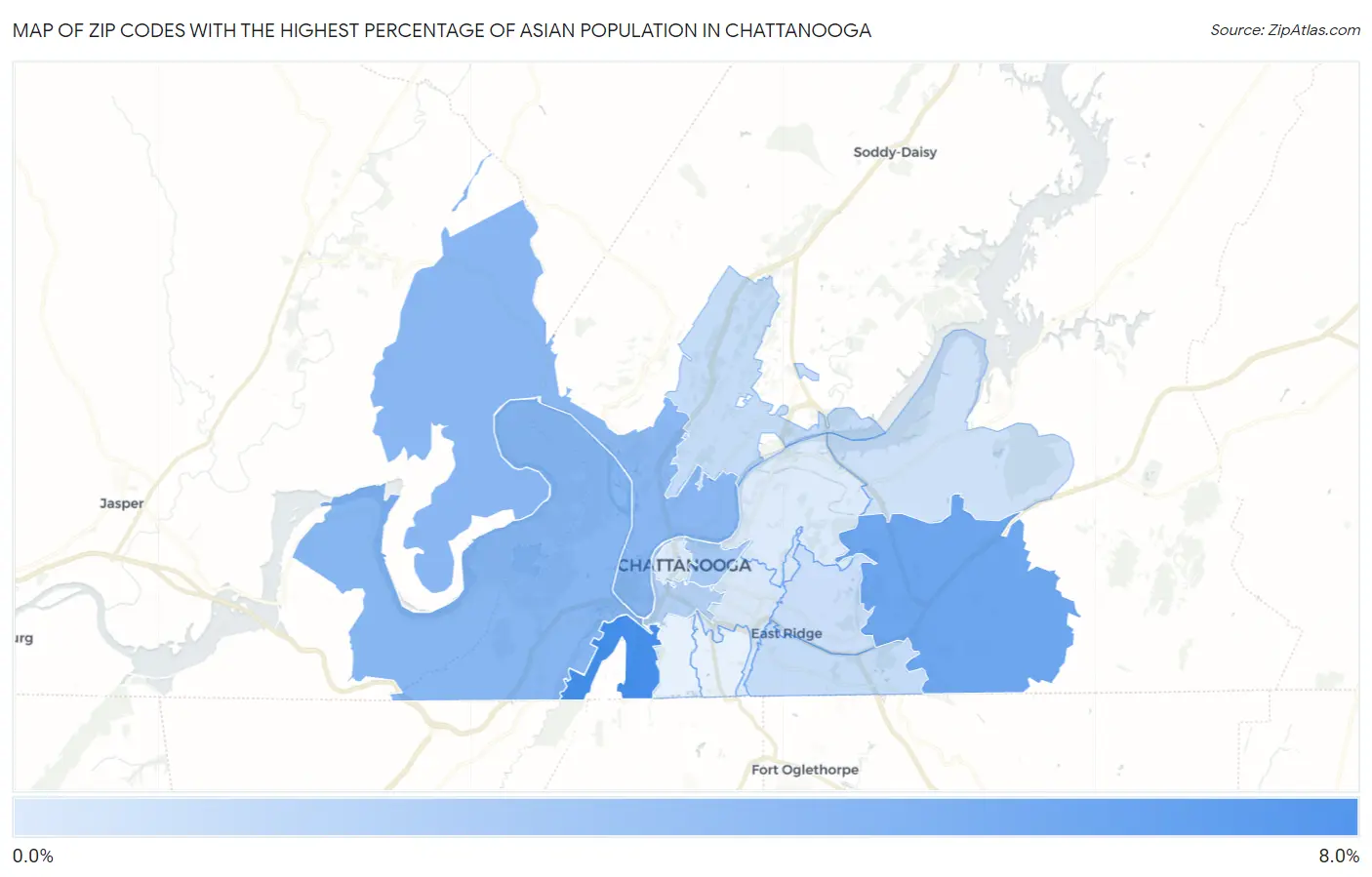 Zip Codes with the Highest Percentage of Asian Population in Chattanooga Map