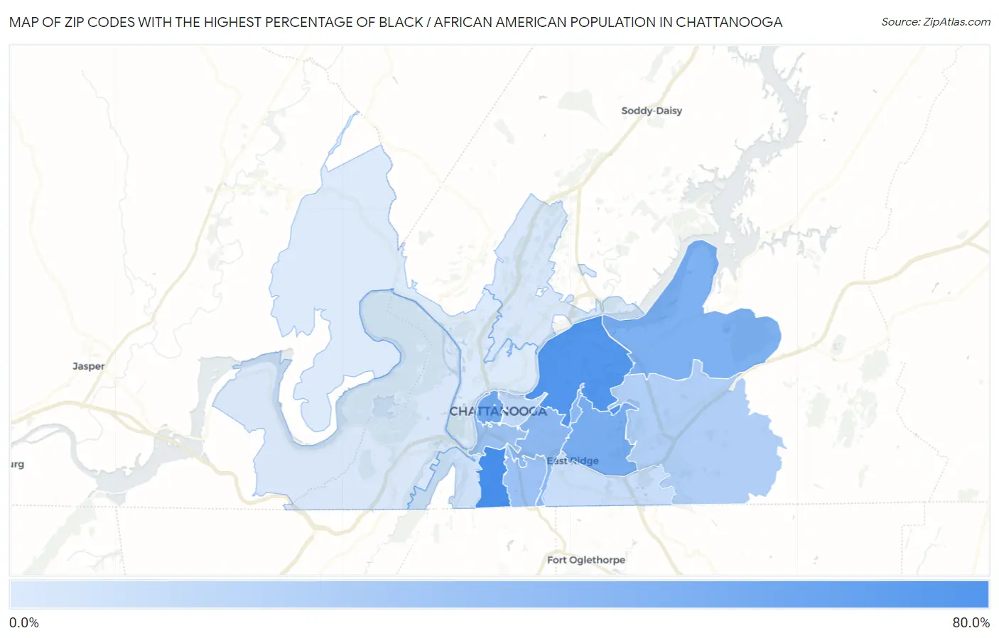 Zip Codes with the Highest Percentage of Black / African American Population in Chattanooga Map