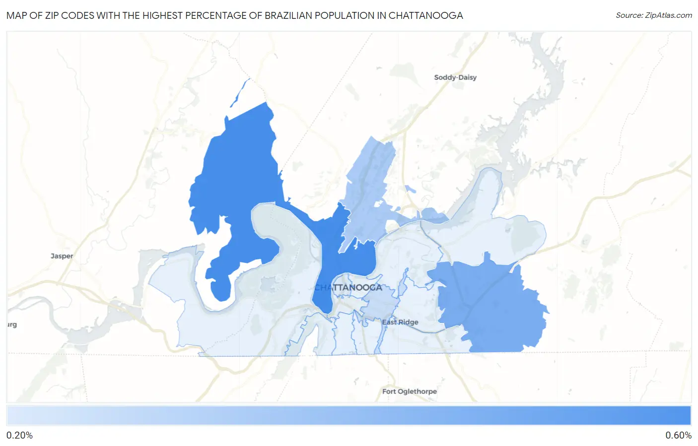 Zip Codes with the Highest Percentage of Brazilian Population in Chattanooga Map