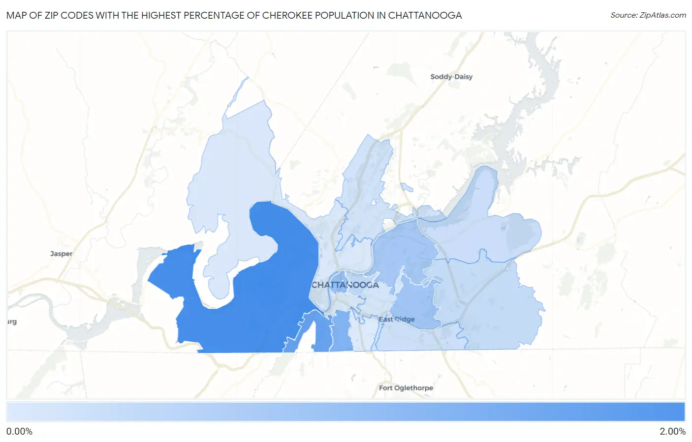 Zip Codes with the Highest Percentage of Cherokee Population in Chattanooga Map