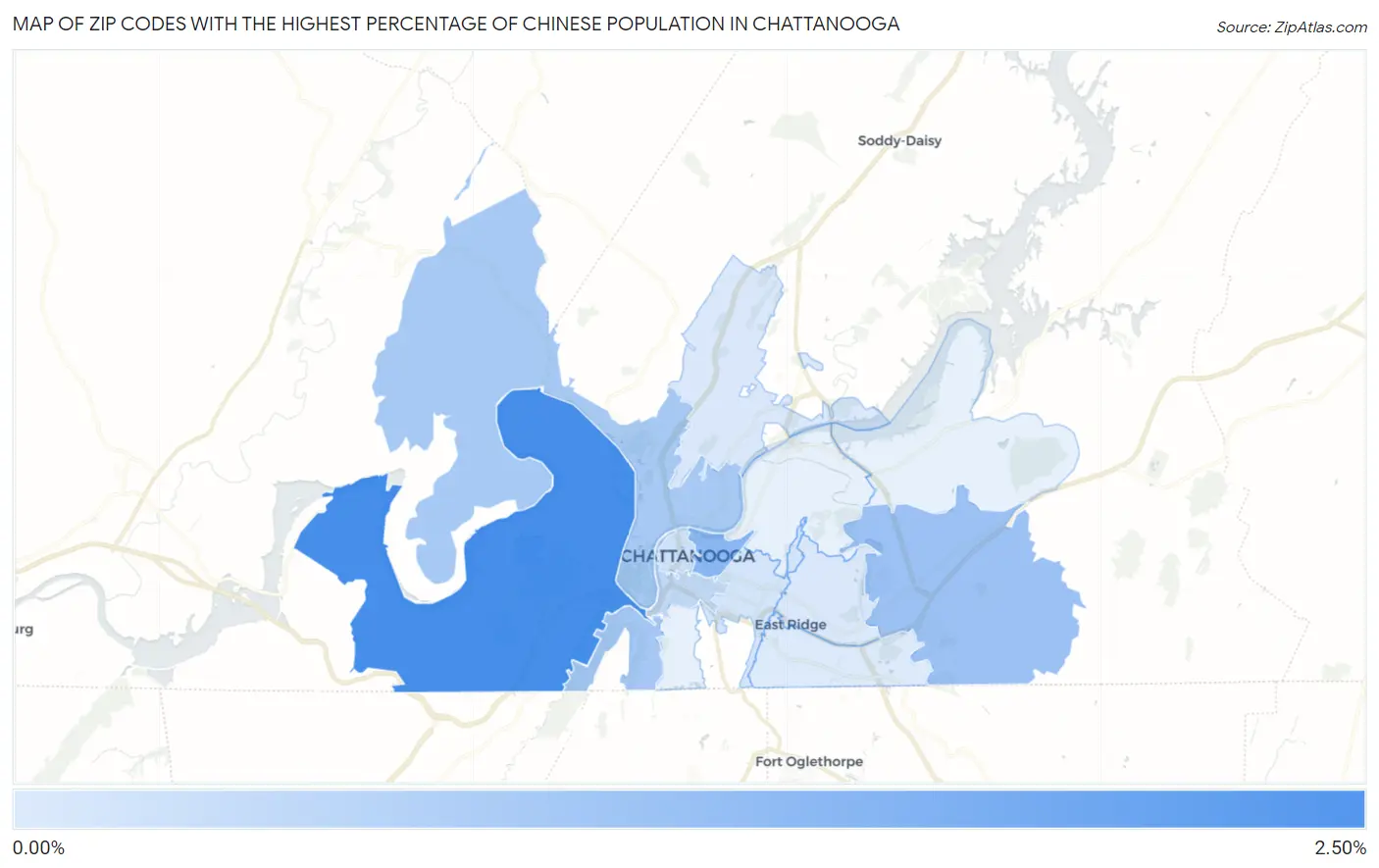 Zip Codes with the Highest Percentage of Chinese Population in Chattanooga Map