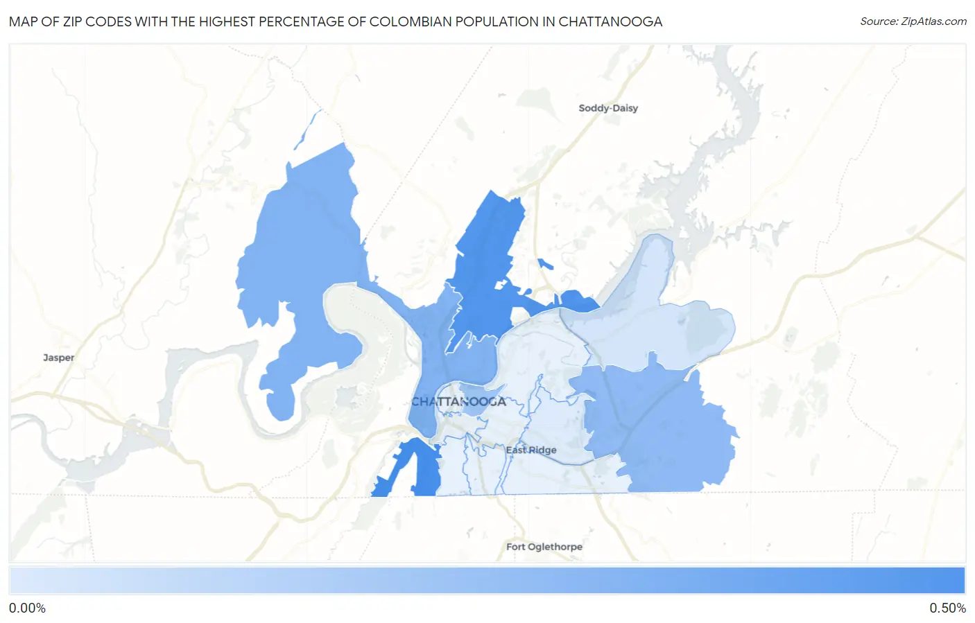 Zip Codes with the Highest Percentage of Colombian Population in Chattanooga Map