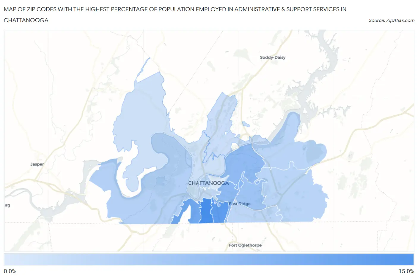 Zip Codes with the Highest Percentage of Population Employed in Administrative & Support Services in Chattanooga Map