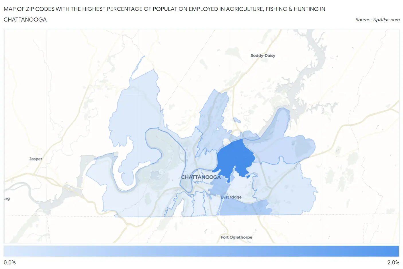 Zip Codes with the Highest Percentage of Population Employed in Agriculture, Fishing & Hunting in Chattanooga Map