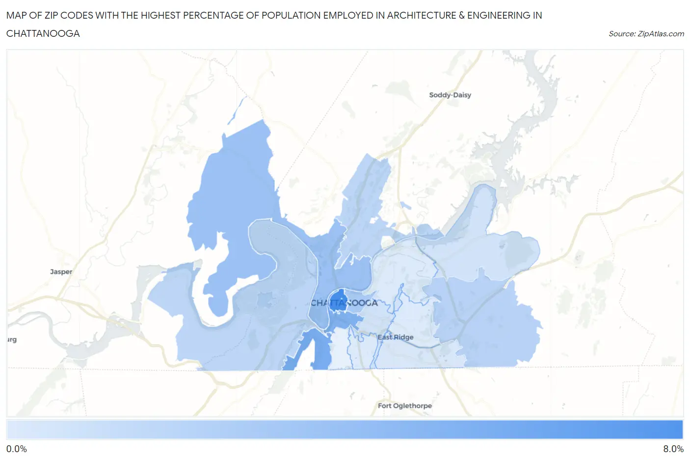 Zip Codes with the Highest Percentage of Population Employed in Architecture & Engineering in Chattanooga Map