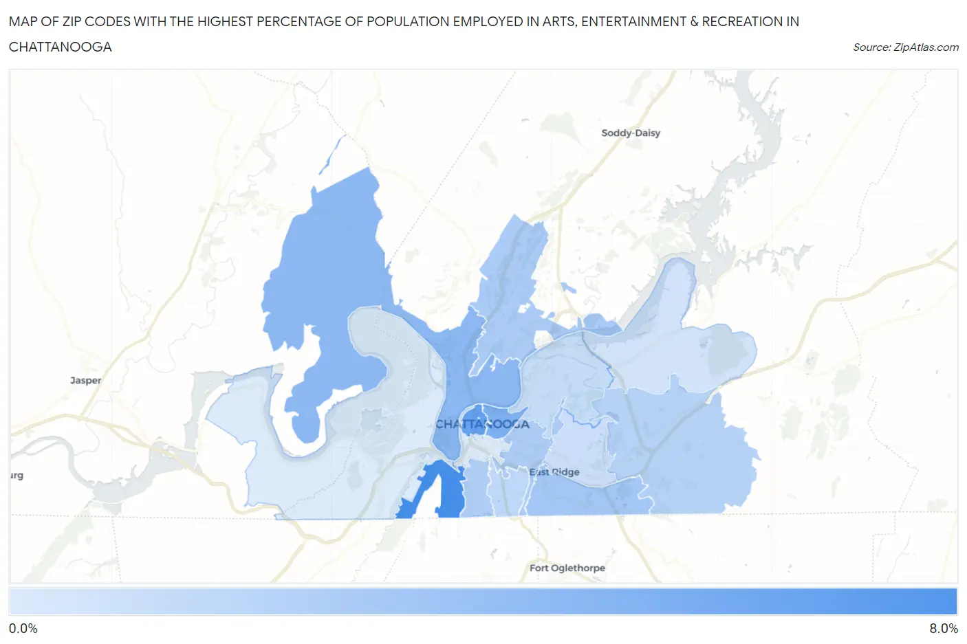 Zip Codes with the Highest Percentage of Population Employed in Arts, Entertainment & Recreation in Chattanooga Map