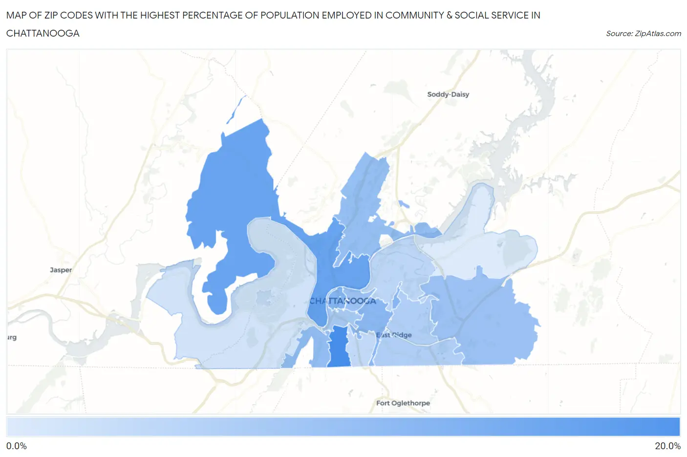 Zip Codes with the Highest Percentage of Population Employed in Community & Social Service  in Chattanooga Map