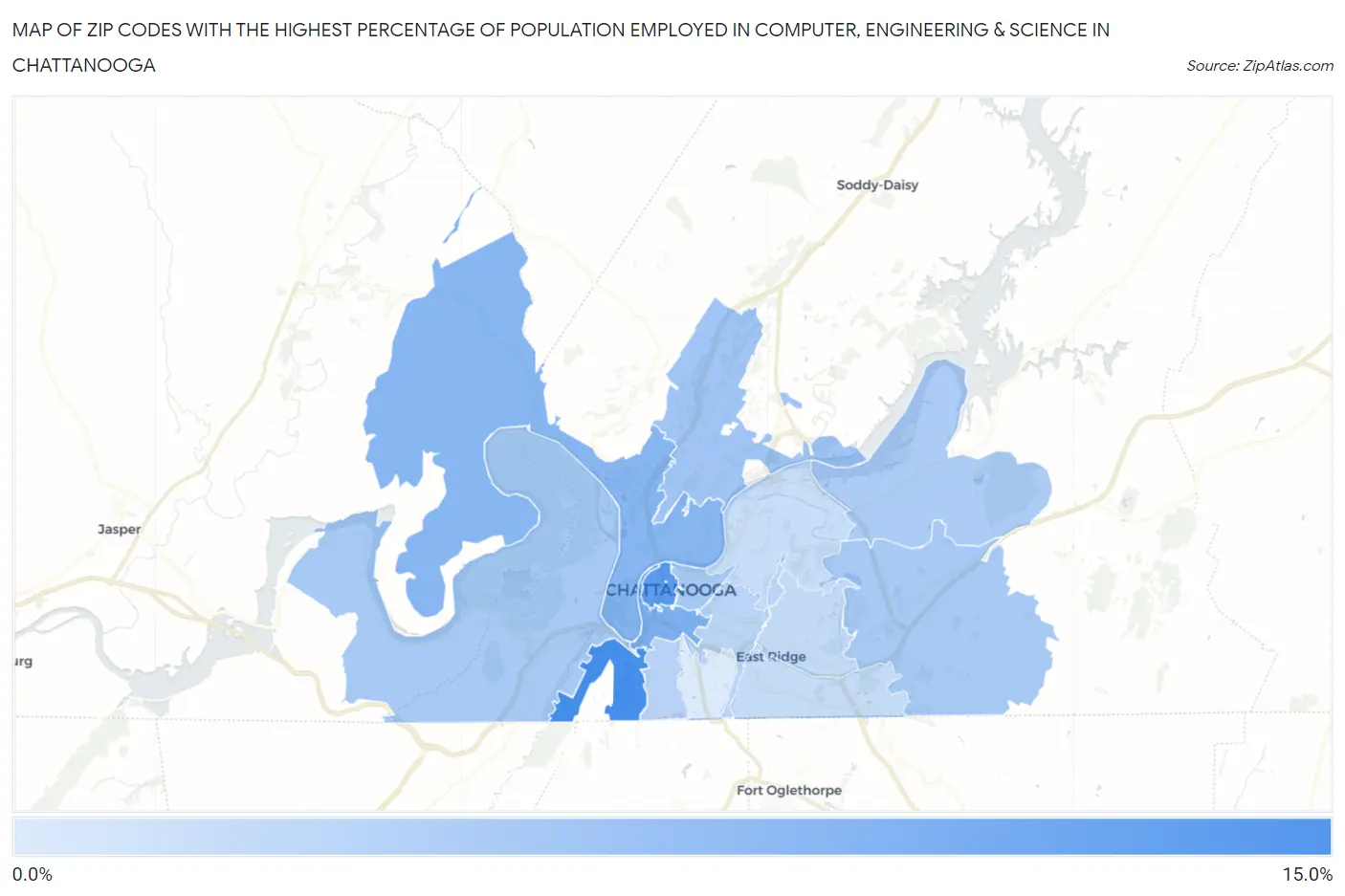 Zip Codes with the Highest Percentage of Population Employed in Computer, Engineering & Science in Chattanooga Map