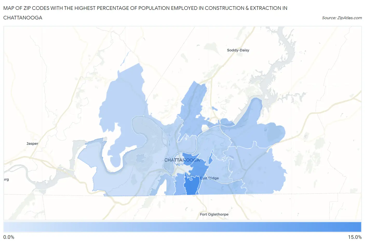 Zip Codes with the Highest Percentage of Population Employed in Construction & Extraction in Chattanooga Map