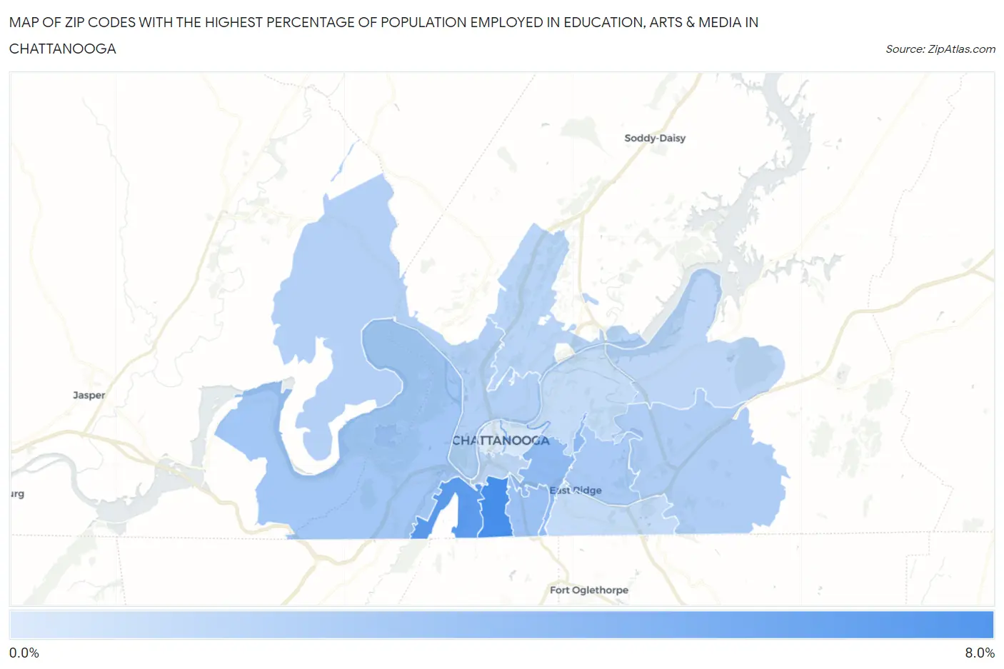 Zip Codes with the Highest Percentage of Population Employed in Education, Arts & Media in Chattanooga Map
