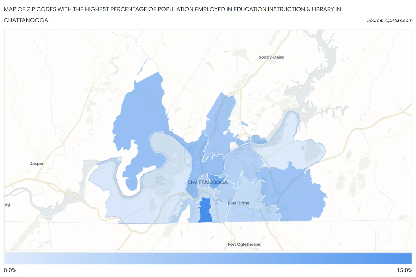 Zip Codes with the Highest Percentage of Population Employed in Education Instruction & Library in Chattanooga Map