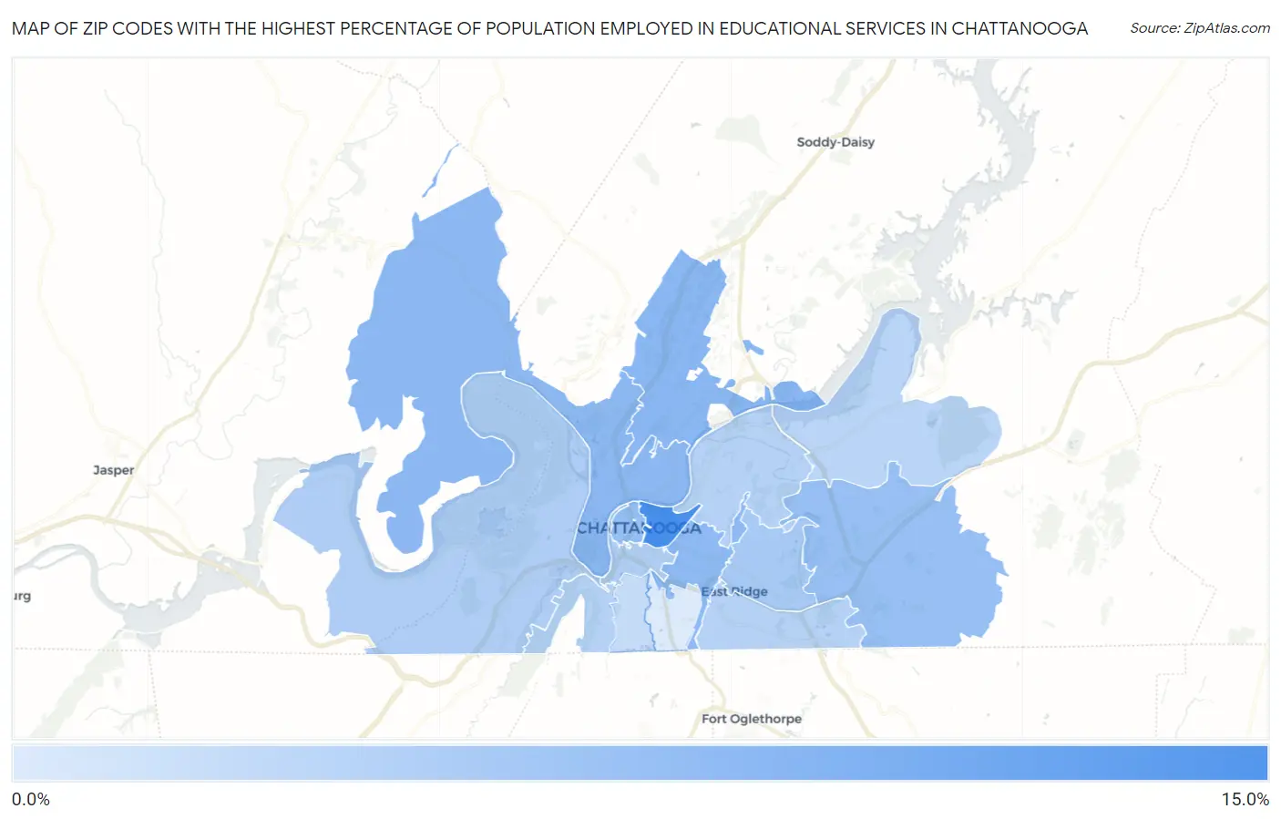 Zip Codes with the Highest Percentage of Population Employed in Educational Services in Chattanooga Map