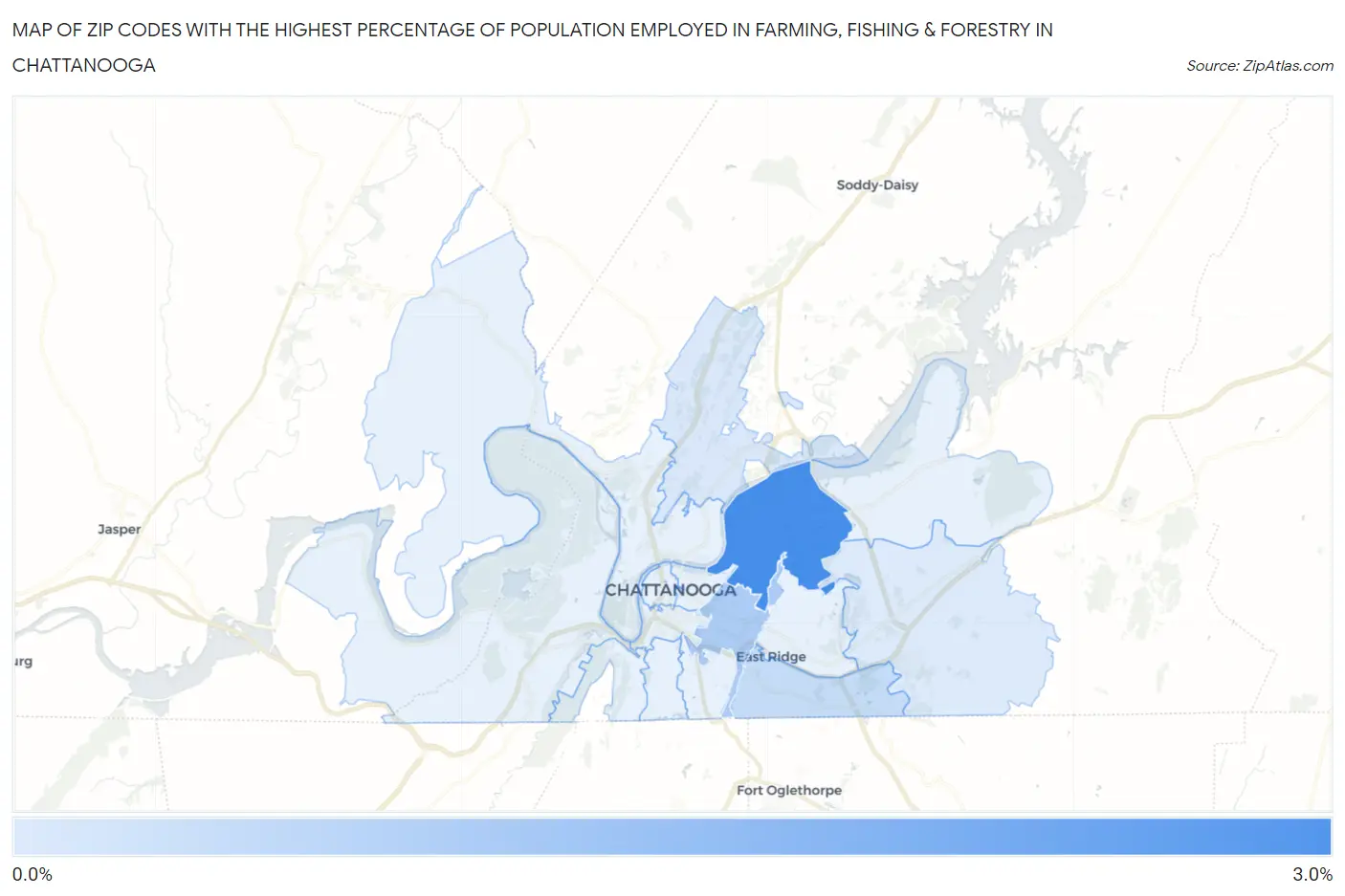 Zip Codes with the Highest Percentage of Population Employed in Farming, Fishing & Forestry in Chattanooga Map