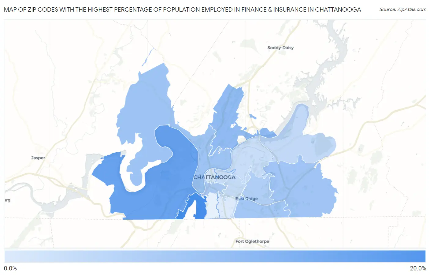 Zip Codes with the Highest Percentage of Population Employed in Finance & Insurance in Chattanooga Map