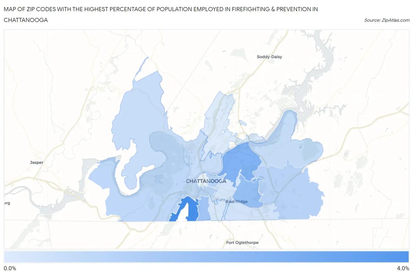 Zip Codes with the Highest Percentage of Population Employed in Firefighting & Prevention in Chattanooga Map