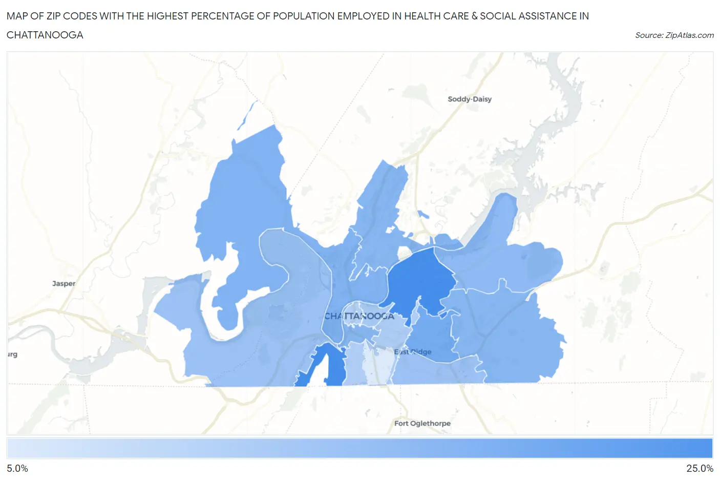 Zip Codes with the Highest Percentage of Population Employed in Health Care & Social Assistance in Chattanooga Map