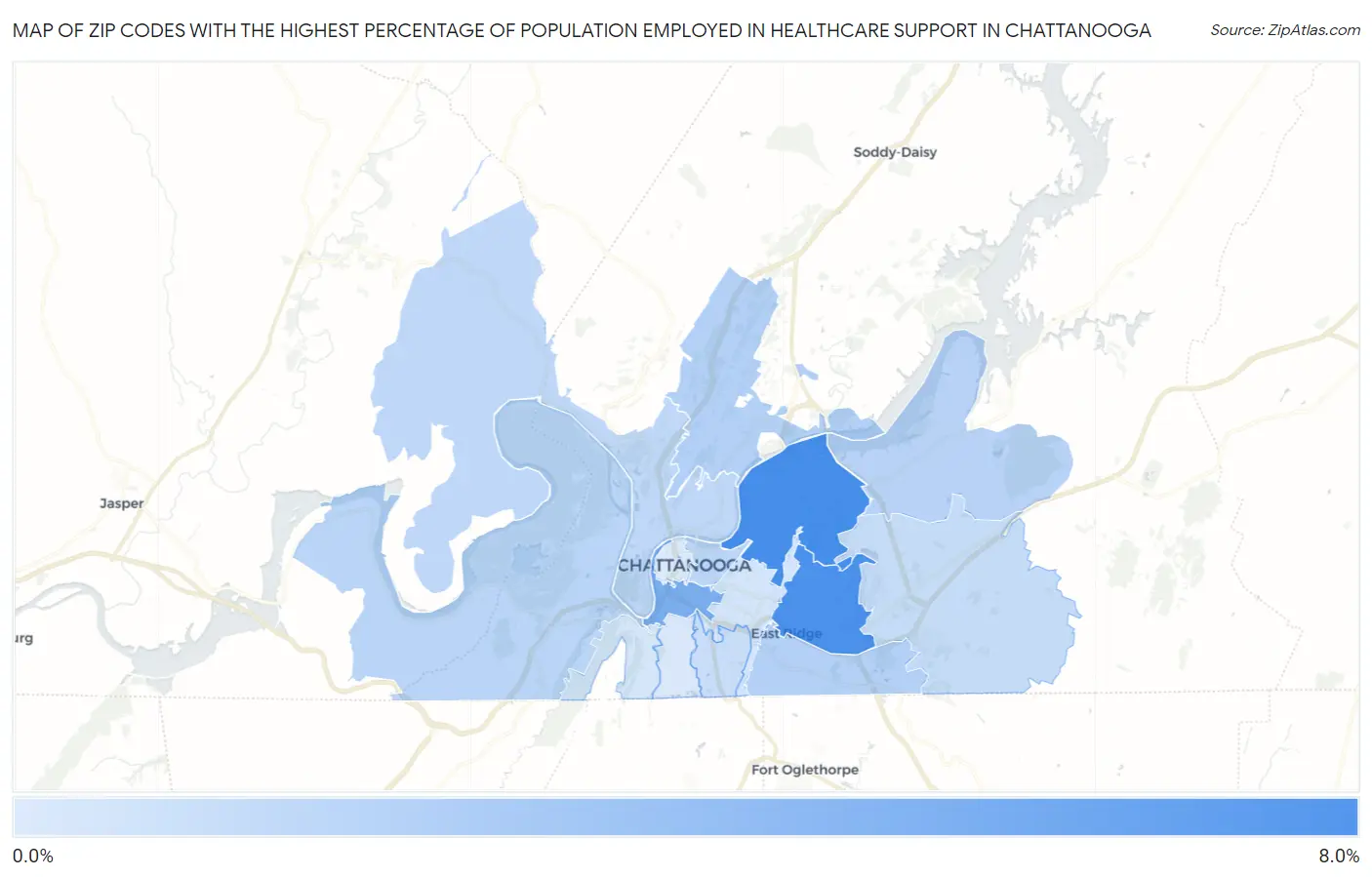 Zip Codes with the Highest Percentage of Population Employed in Healthcare Support in Chattanooga Map