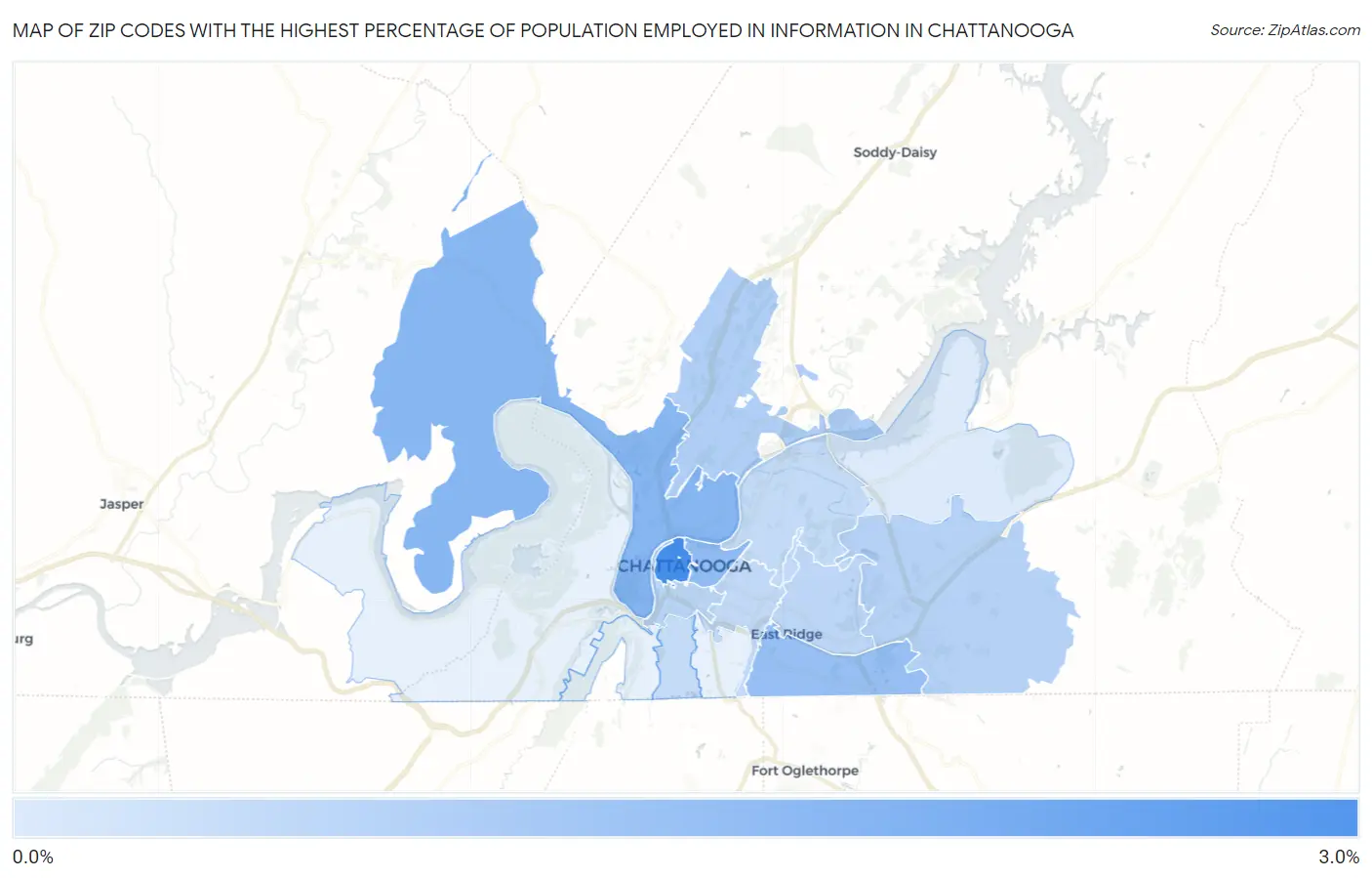 Zip Codes with the Highest Percentage of Population Employed in Information in Chattanooga Map