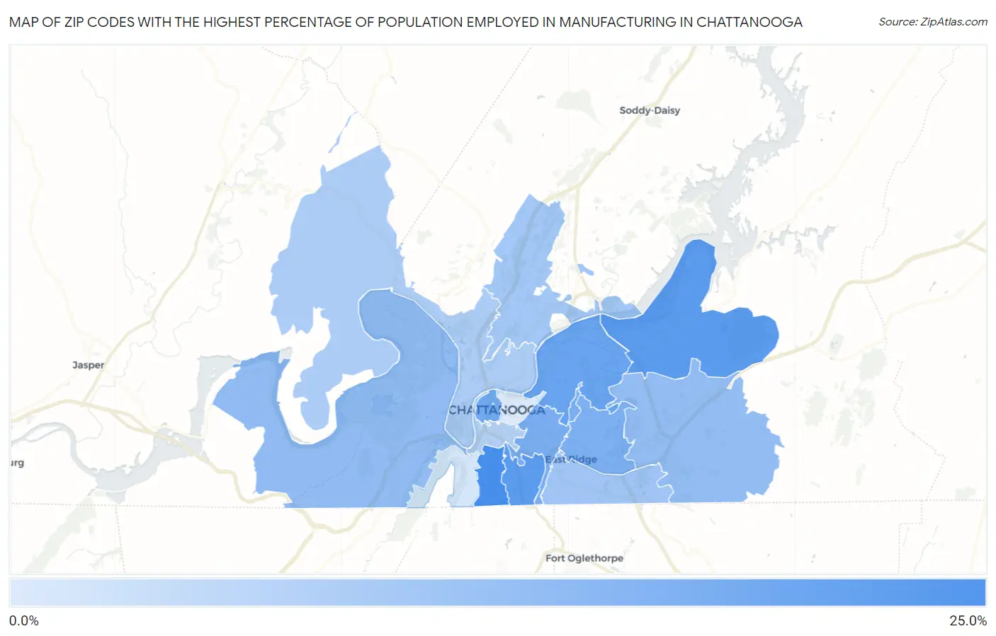 Zip Codes with the Highest Percentage of Population Employed in Manufacturing in Chattanooga Map