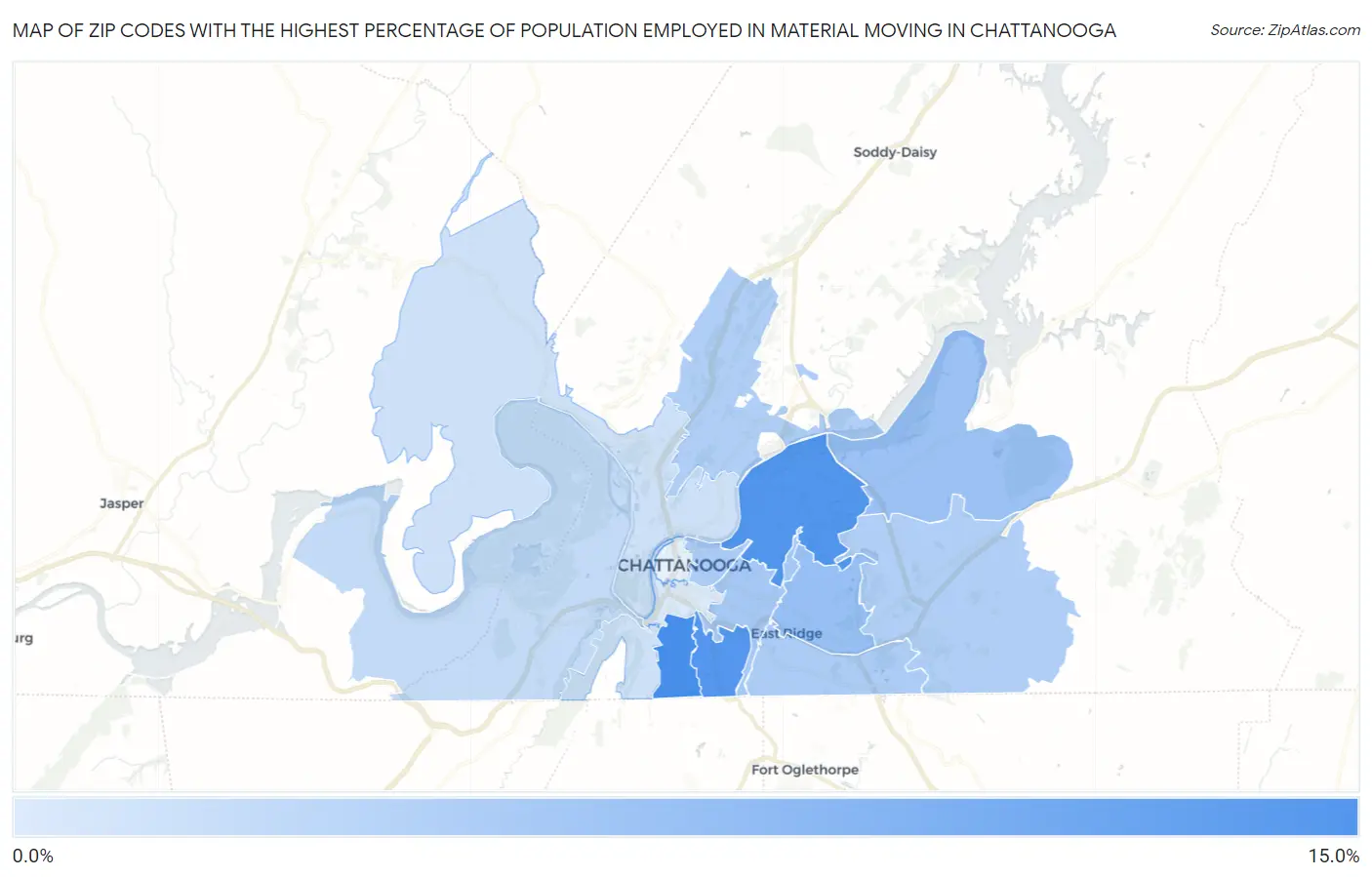 Zip Codes with the Highest Percentage of Population Employed in Material Moving in Chattanooga Map