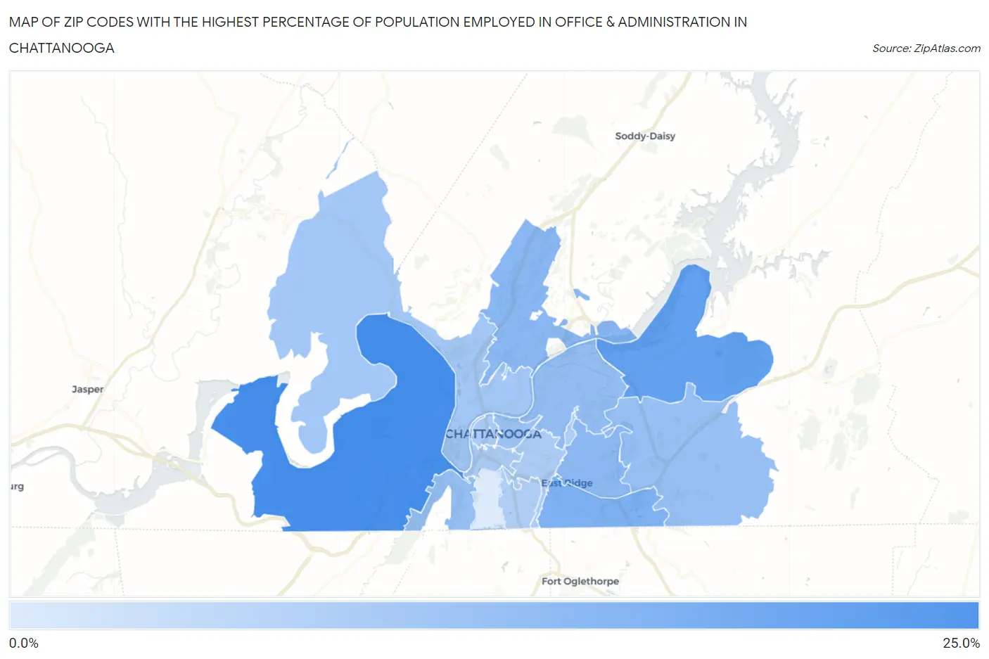 Zip Codes with the Highest Percentage of Population Employed in Office & Administration in Chattanooga Map