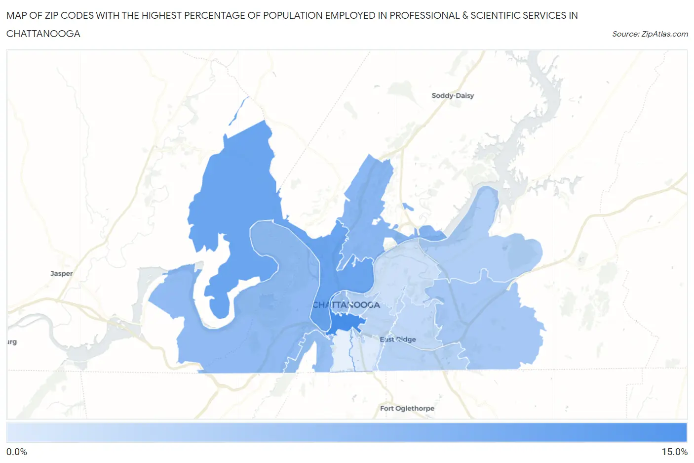 Zip Codes with the Highest Percentage of Population Employed in Professional & Scientific Services in Chattanooga Map
